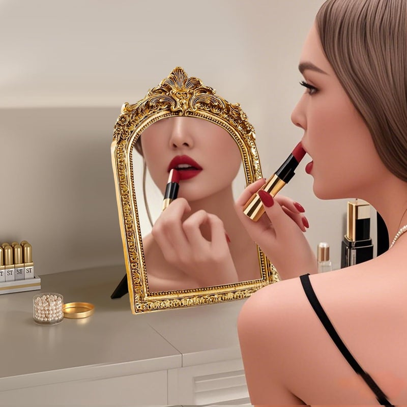YUSONG Vintage Makeup Desk Mirror  Antique Gold Arched Tabletop Mirror with Resin Frame - Decorative Wall Art for Living Room  Bedroom Decor  Retro Table 9.3"" x 5.7"" - Image 5